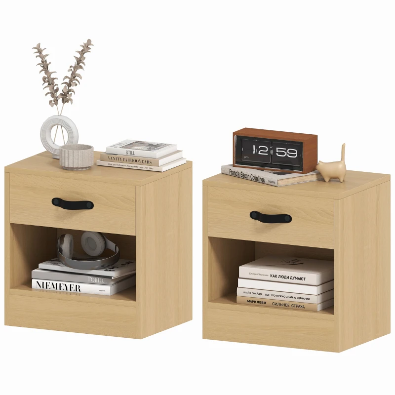 HOMCOM Pack de 2 Mesitas de Noche con Cajón y Compartimento Abierto para Salón 39x28x41 cm Natural