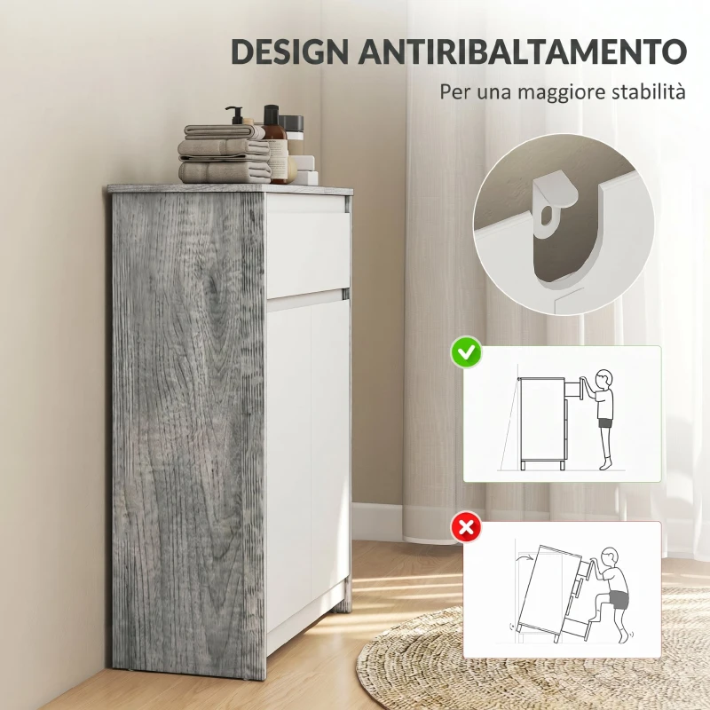 kleankin Mobile Bagno Autoportante con Cassetto e Ante Doppie, Grigio-Bianco