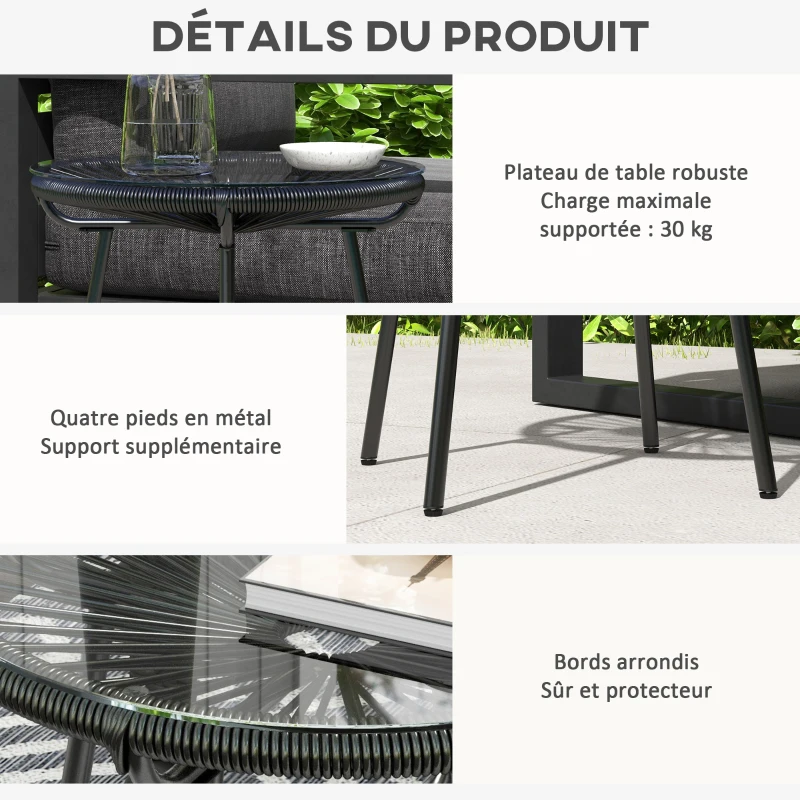 Outsunny Table basse ronde de jardin en résine aspect rotin métal et plateau verre trempé Ø 50 x 50 cm noir
