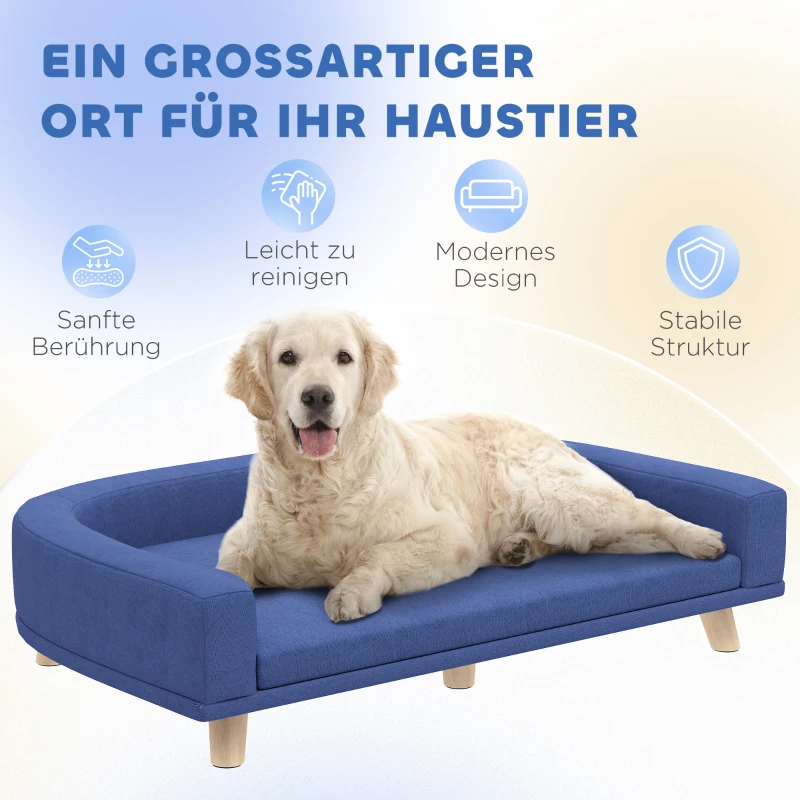 PawHut Hondenbed hondenbank huisdierbank, eucalyptushout, 98 x 67 x 25 cm, Blauw