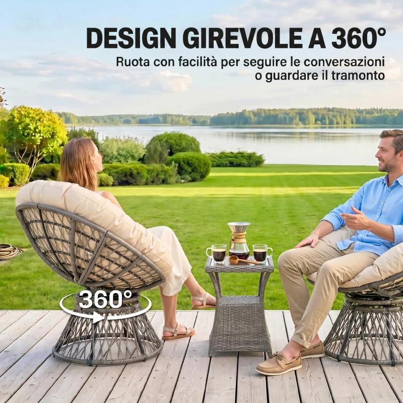 Outsunny Sillón Papasan Giratorio de Ratán Sintético con Cojín Carga 160 kg para Exterior Jardín Terraza 87x97x86 cm Gris y Crema