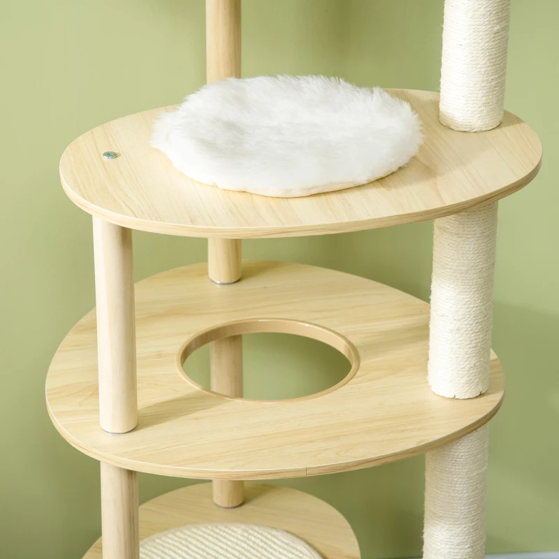 PawHut Arbre à chat griffoir grattoir avec poteaux sisal coussin amovible plateforme peluche et bois hauteur 123,5 cm beige