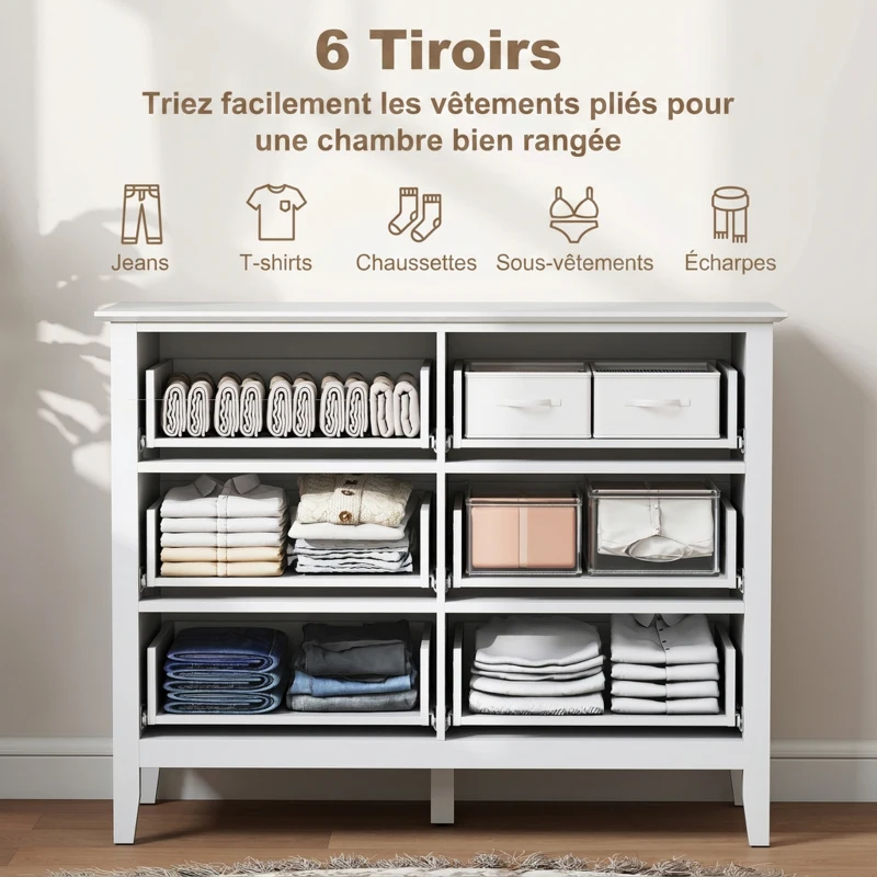 HOMCOM Commode à 6 Tiroirs, Meuble de Rangement, Chiffonnier avec Façades Rainurées, 100 x 40 x 78 cm, Blanc