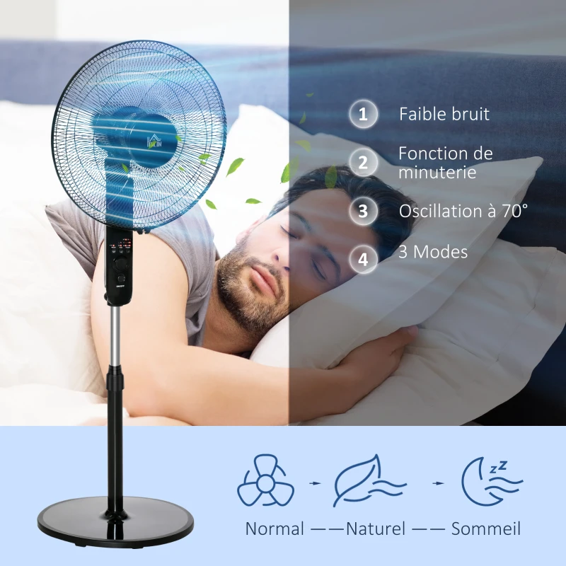 HOMCOM Ventilateur sur pied puissant 45 W réglable en hauteur 110-124 cm, télécommande, 3 vitesses, oscillation et minuterie