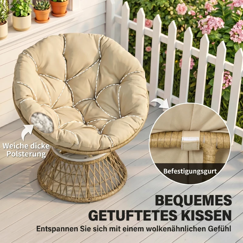 Outsunny Rotan draaifauteuil voor buiten, Boho-stijl, weerbestendig, 85 cm x 70 cm x 82 cm, Crème + Natuur