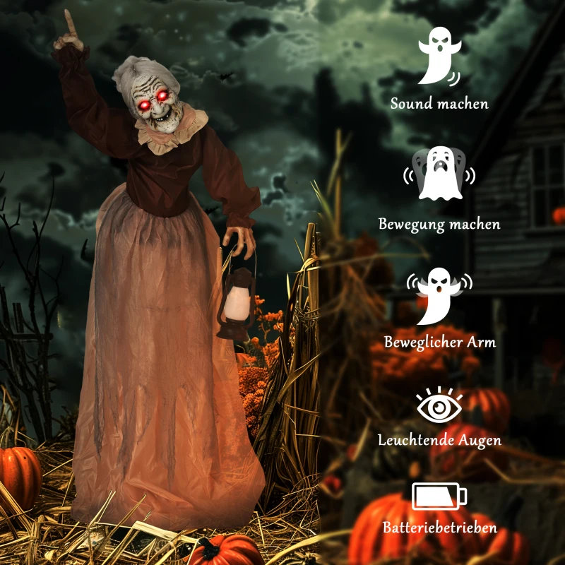 Outsunny 150 cm Halloween Decoratie Halloween Heks met LED-Lichten, Geluidsfunctie verstelbare armen, hoofd