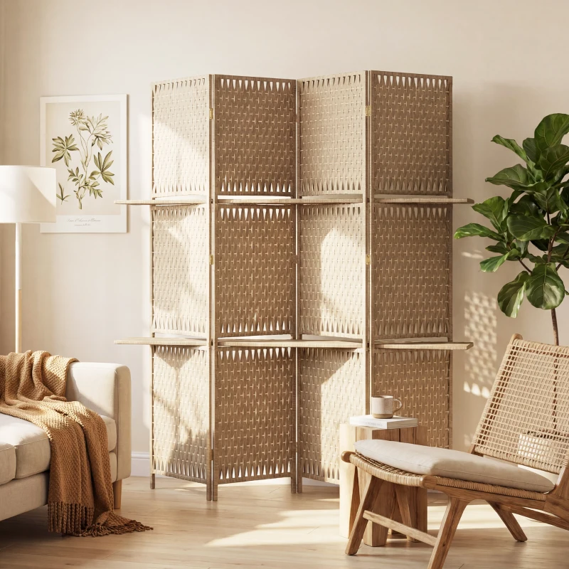 HOMCOM Wave Fibre Freestanding Folding Privacy Screen Panels, Room Divider, Natural Wood Finish