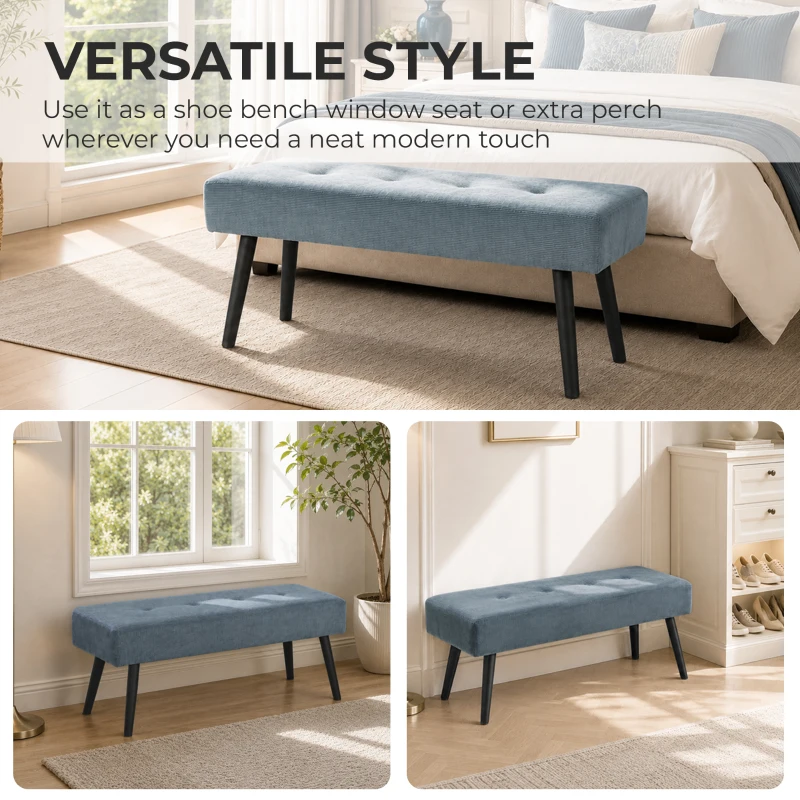 HOMCOM Upholstered Bedroom Entryway Bench, Modern Corduroy Tufted End of Bed Bench with Padded Seat and Steel Legs, Blue
