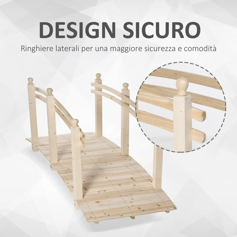 Outsunny Ponticello di Legno per Giardino Passerella Curva con Ringhiera, 228x75x110cm Colore Legno Naturale