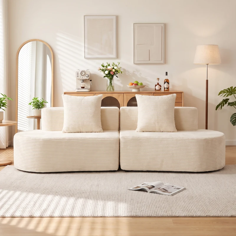 HOMCOM Canapea 3 locuri curbată, catifea cu nervuri 245cm, canapea living, șezut adânc, 2 perne, livrat comprimat, crem