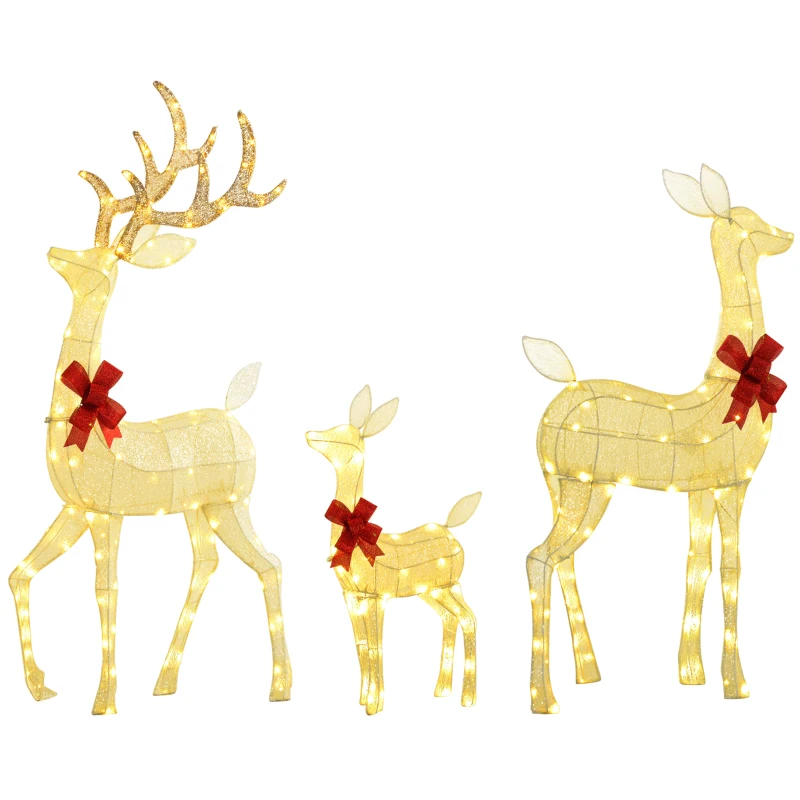 Outsunny Rendierenfamilie met rode strikken, 283 LEDs, Kerstverlichting, weerbestendig, Goud