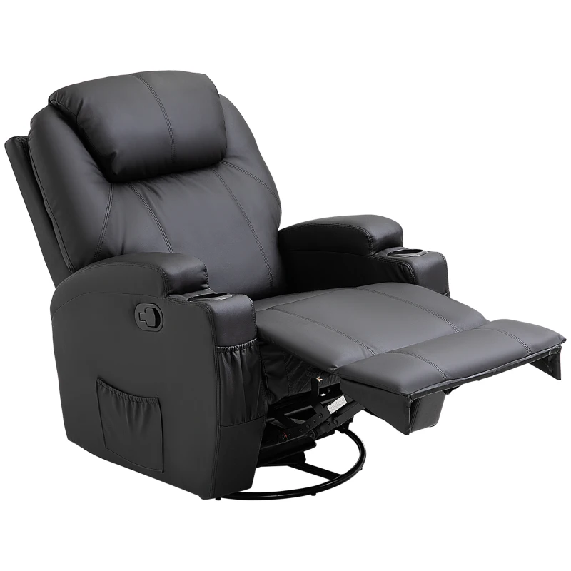 HOMCOM Recliner Chair, Recliner Massage Rocker Chair with 360° Rotate, 165° Reclining Function, Adjustable Footrest, Swivel Armchair Single Sofa for Living Room with Drink Holders, Side Pockets, Black