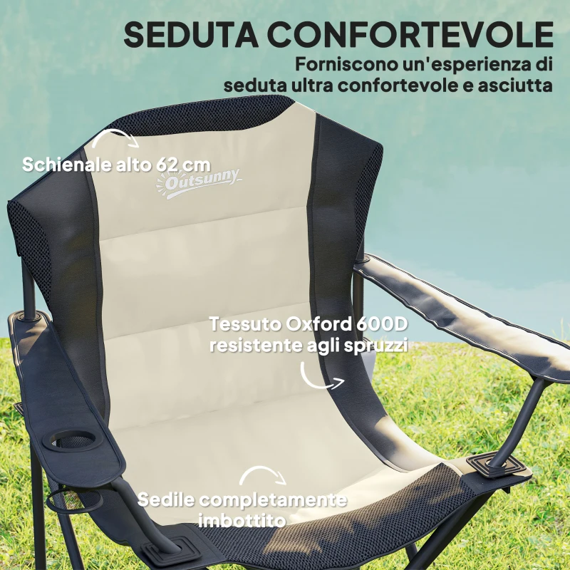 Outsunny Set 2 Sedie da Campeggio Pieghevoli con Schienale Alto, Portabicchieri e Borse di Trasporto, Crema