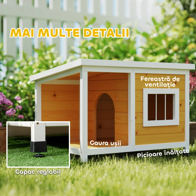 PawHut Cușcă pentru câini de exterior din lemn de brad cu verandă acoperită și acoperiș înclinat, 85.5x62x60 cm, multicolor