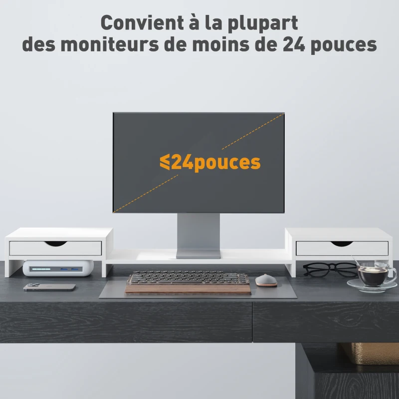 HOMCOM Rehausseur écran PC bureau support d'écran d'ordinateur de 60-116 cm avec 2 tiroirs, longueur et angle réglables