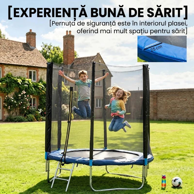 SPORTNOW Trambulină elastică cu scară și plasă de siguranță, din oțel și plastic, Ø180x200 cm, albastru