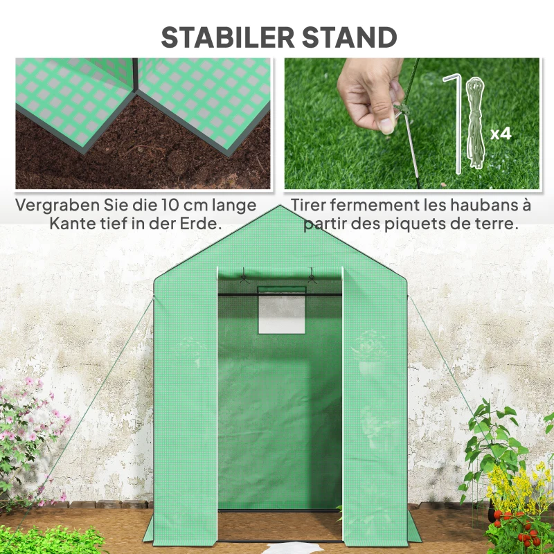 Outsunny Kas met Schappen, Mini-Kas, UV-bestendig, Netramen, Ritssluitingdeur, 143L x 74B x 190H cm, Groen