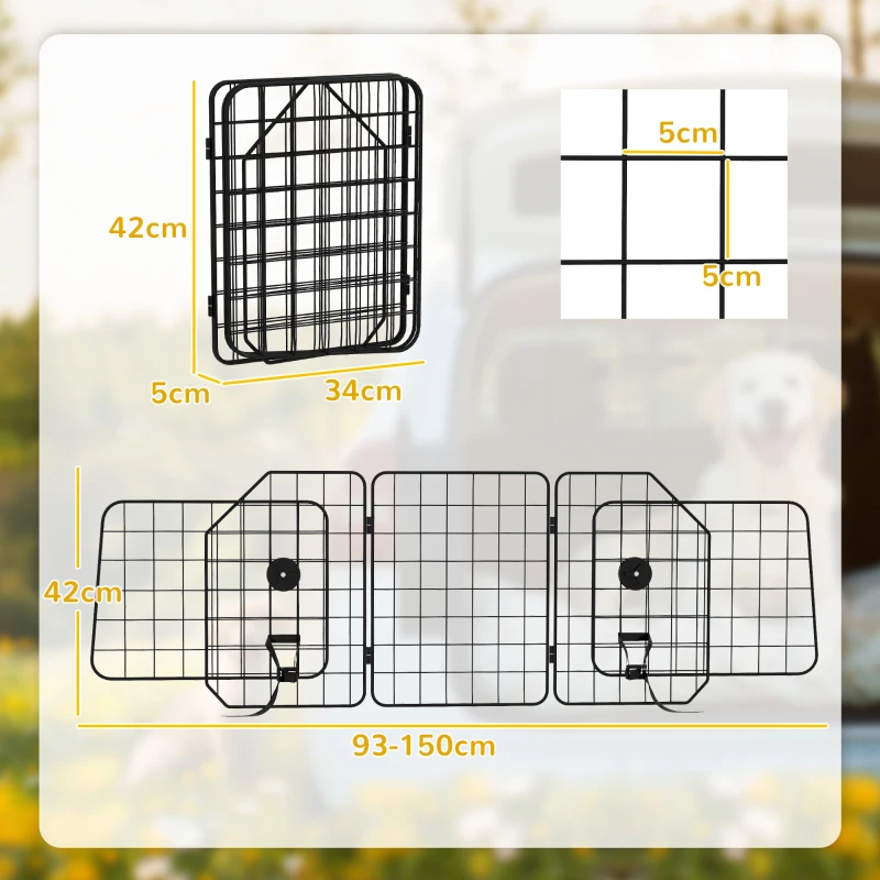 PawHut Verstelbaar Autorek voor Honden, 93-150cm, Opvouwbaar, Eenvoudige Montage, Staal, Zwart