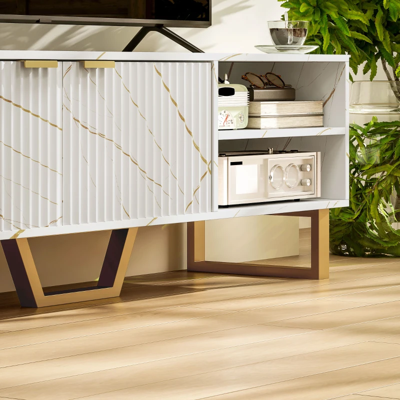HOMCOM Marble Effect TV Unit, Modern TV Stand Cabinet for up to 70" TVs, with Shelves and Storage Cupboard, Fluted Door, Extra Centre Leg, Cable Management for Living Room, White