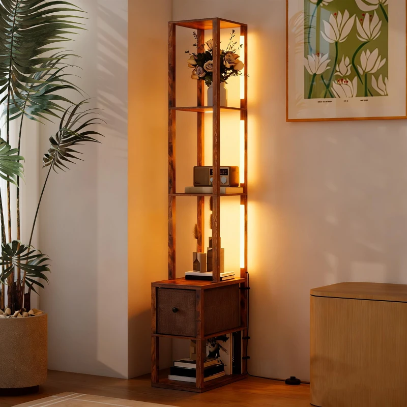 HOMCOM LED-Stehlampe mit Regalen, einstellbare Helligkeit, Fußschalter für Schlafzimmer, Rustikales Braun