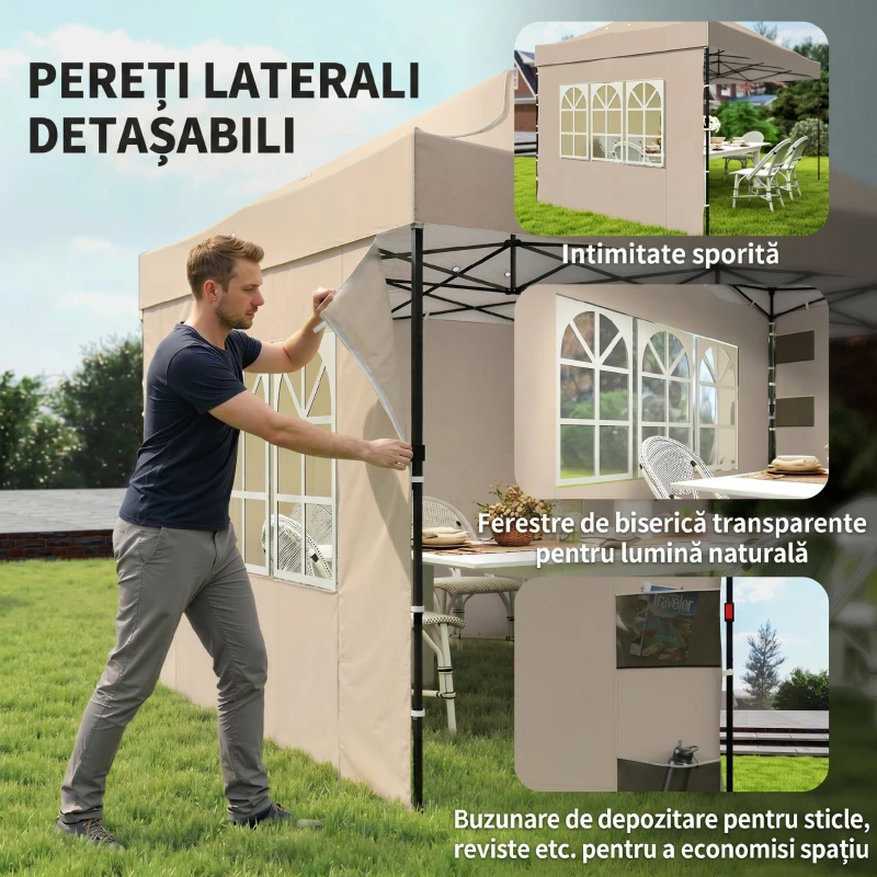 Outsunny Gazebo Pop Up pliabil cu pereți laterali și ferestre, 2.9x4.3 m, din metal și țesătură Oxford, maro nisipiu