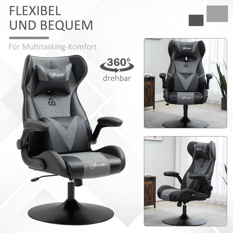 Vinsetto Gamingstoel, hoogteverstelbaar & draaibaar, Kunstlederen bekleding, opklapbare armleuningen, Zwart+Grijs(m-7)