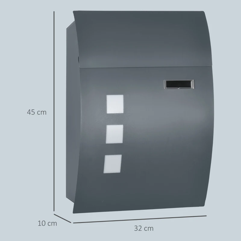 HOMCOM Wall Mounted Letter Box, Weatherproof Post Box for Outside Wall, Modern Mailbox with 2 Keys and Nameplate, Anthracite Grey
