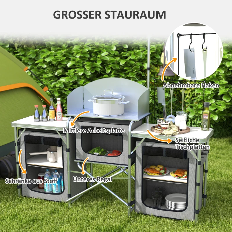 Outsunny Campingkeuken, inklapbaar, Windscherm, 3 Stoffen opbergvakken, Aluminiumframe, 172x48x119cm, Grijs/Zilver