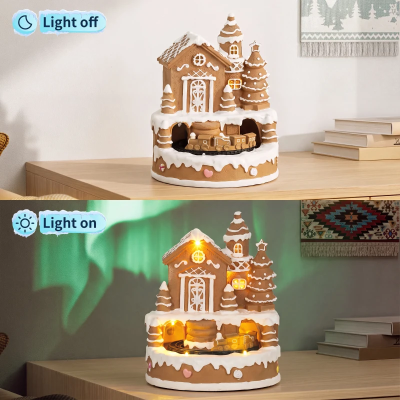 HOMCOM Christmas Gingerbread House, Lighted Musical Snow Village with Rotating Train, LEDs, Tunes, Battery Operated