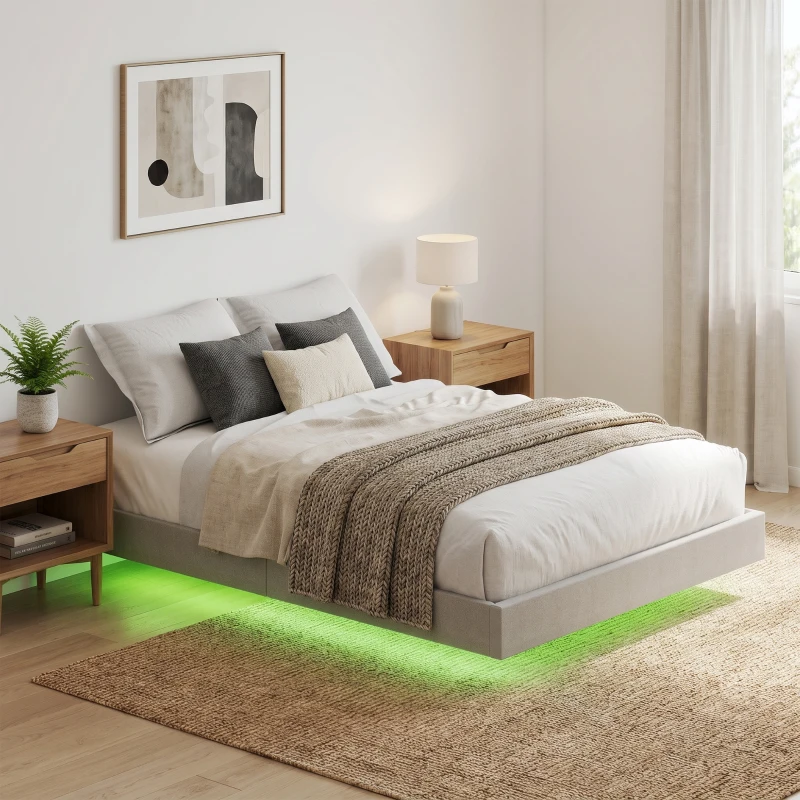 HOMCOM Pat Flotant 160 x 200 cm cu Iluminare LED Inteligentă, Cadru de Pat Dublu Tapițat în Țesătură cu Aspect de In, Montaj Ușor, Bej