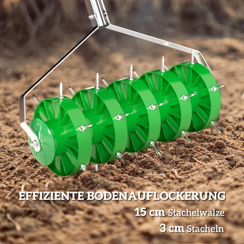 Outsunny Handmatige Gazonbeluchter Verticuteerder 45cm Breed met 30 Stalen Spikes, Donkergroen