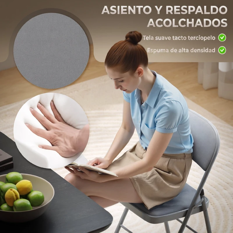 HOMCOM Juego de 4 Sillas Plegables Tapizadas en Terciopelo Estructura de Acero con Respaldo para Espacios Pequeños Gris Claro