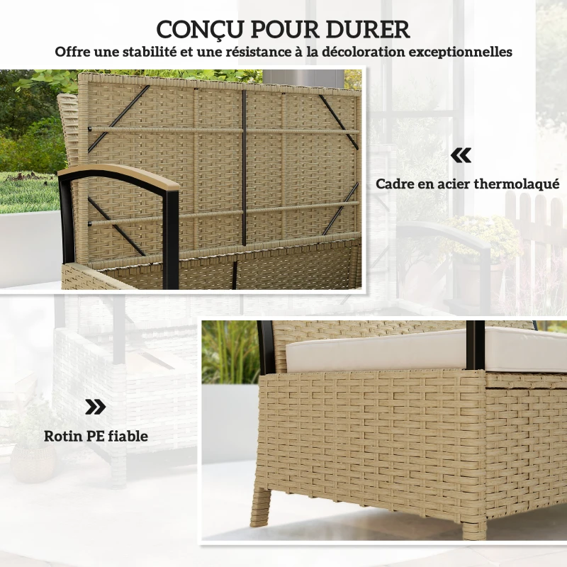 Outsunny Banc de Rangement de Jardin en Résine Tressée Coffre Extérieur 125L avec Structure en Acier Stable 123x70x82cm Kaki