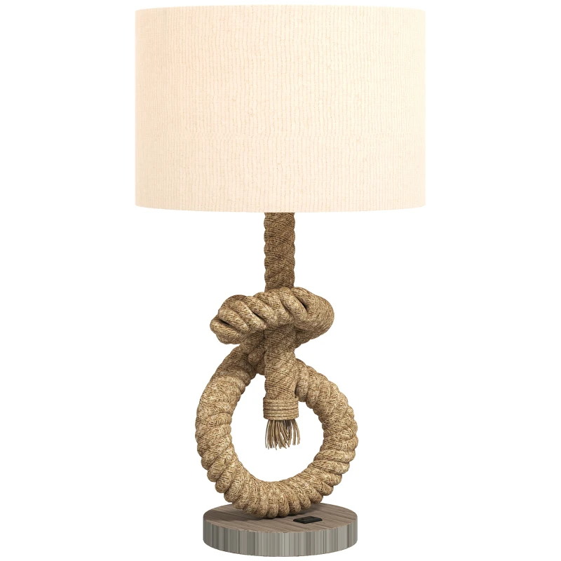HOMCOM Tafellamp in Maritieme Stijl met USB-Oplaadpoort, Warm, Touwdecor, 30x30x55 cm
