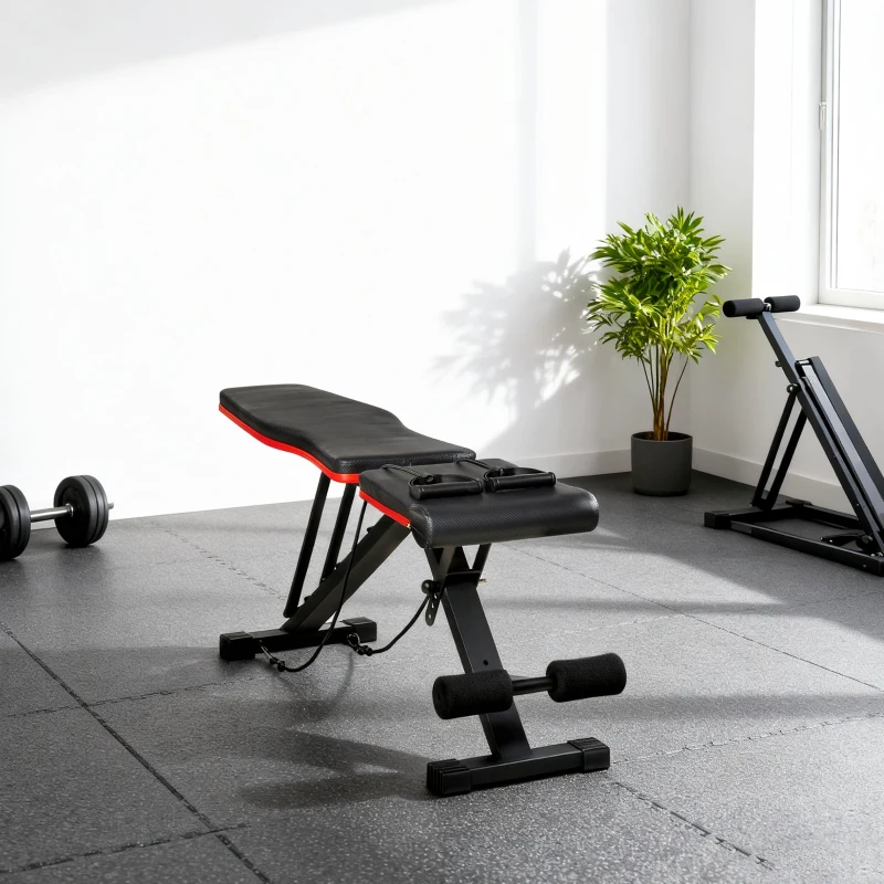 HOMCOM Banco de Musculación Plegable con Respaldo y Asiento Ajustables Extensión de Pierna Cojín de Predicador Banda Negro