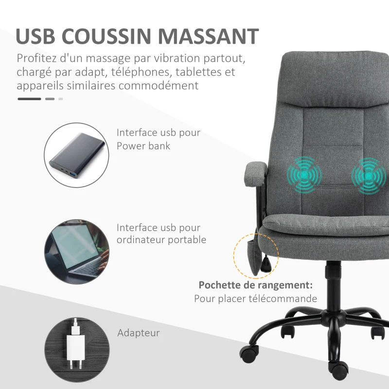 Vinsetto Fauteuil de bureau massant fauteuil bureau ergonomique confortable siège hauteur réglable tissu lin gris