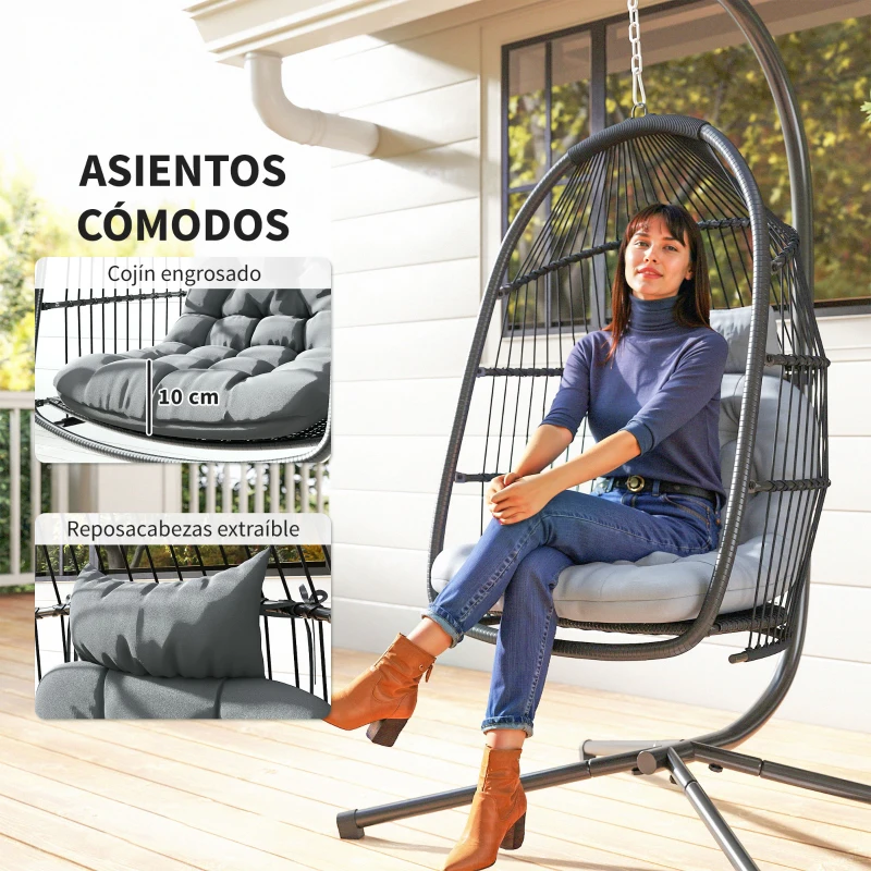 Outsunny Silla Colgante Huevo con Soporte con Cesta Plegable Cojín y Reposacabezas para Interior y Exterior Carga 150 kg Gris