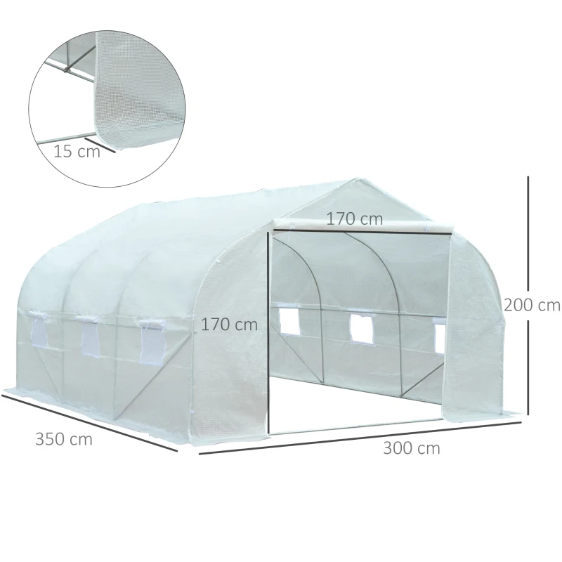 Outsunny Tunnelkas met 6 oprolbare ramen, deur met ritssluiting, scheurbestendige folie, metalen frame, 3,5 x 3 x 2 m, wit