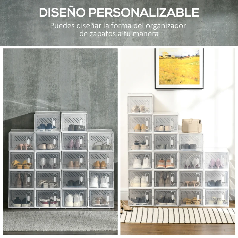 HOMCOM Organizador de Zapatos Modular Estantería Modulable con 18 Cubos Puertas Magnéticas 25x35x19 cm Transparente