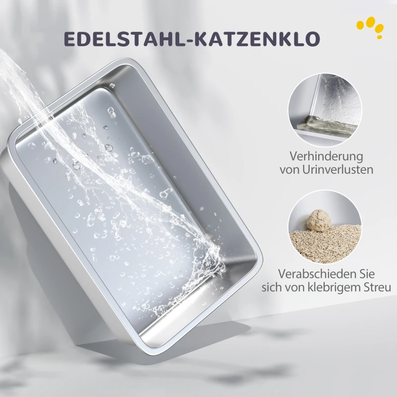 PawHut Kattenbak, inzet van roestvrij staal, filter, schepje, voor katten tot 6 kg, 40,5 x 60,5 x 41,5 cm, Wit/Zilver(m-4)