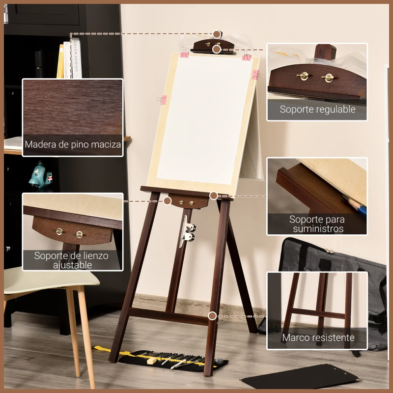 HOMCOM Caballete de Pintura de Madera con Ángulo Ajustable 75° Soporte Trípode y Pincel para Lienzos 51,5x71,5x134,5 cm Café