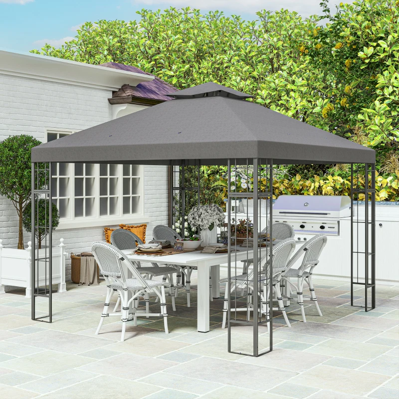 Outsunny 3 x 3 m tuinpaviljoen, 2-laags dakontwerp, UV30+ bescherming, UV-bestendig, zonwering, metalen frame, Donkergrijs