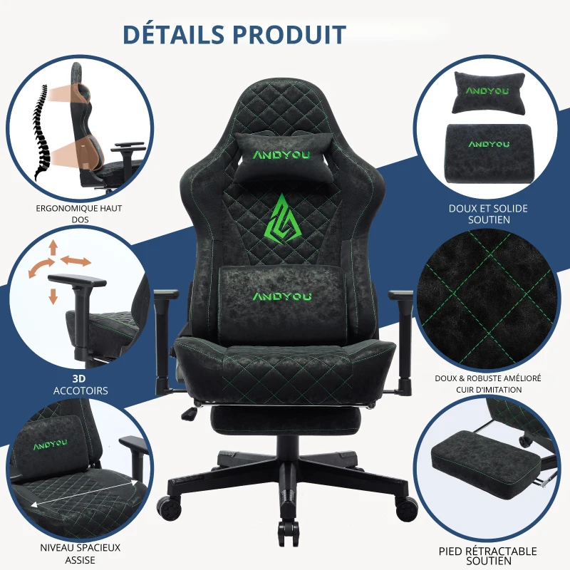 Chaise gaming ergonomique, entièrement rembourrée, respirante, anti-plis et durable, 70x70x131 cm, Noir