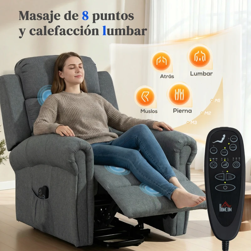 HOMCOM Sillón Relax Reclinable Eléctrico Levanta Personas con Masaje Vibratorio y Calor Control Remoto Gris