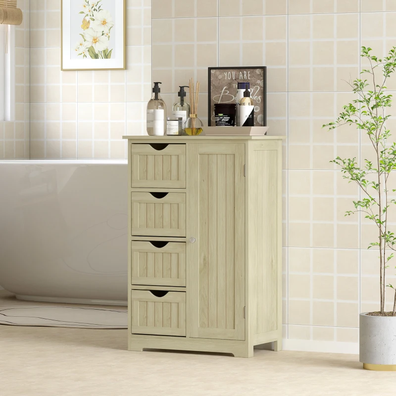 kleankin Armario de Baño Columna de Baño Estrecha con 4 Cajones y Estante Ajustable Estilo Moderno 56x30x83 cm Madera Natural