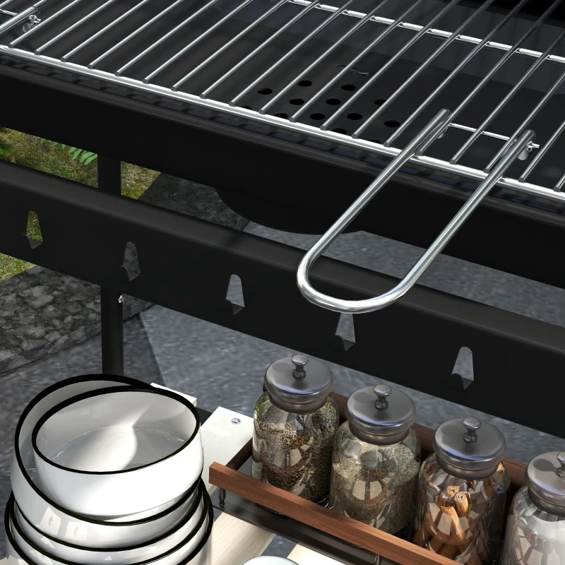 Outsunny Metalen Houtskoolgrill BBQ Smoker met Wielen, Verstelbaar Grillrooster, Houten Plank 103x47x95 cm Zwart