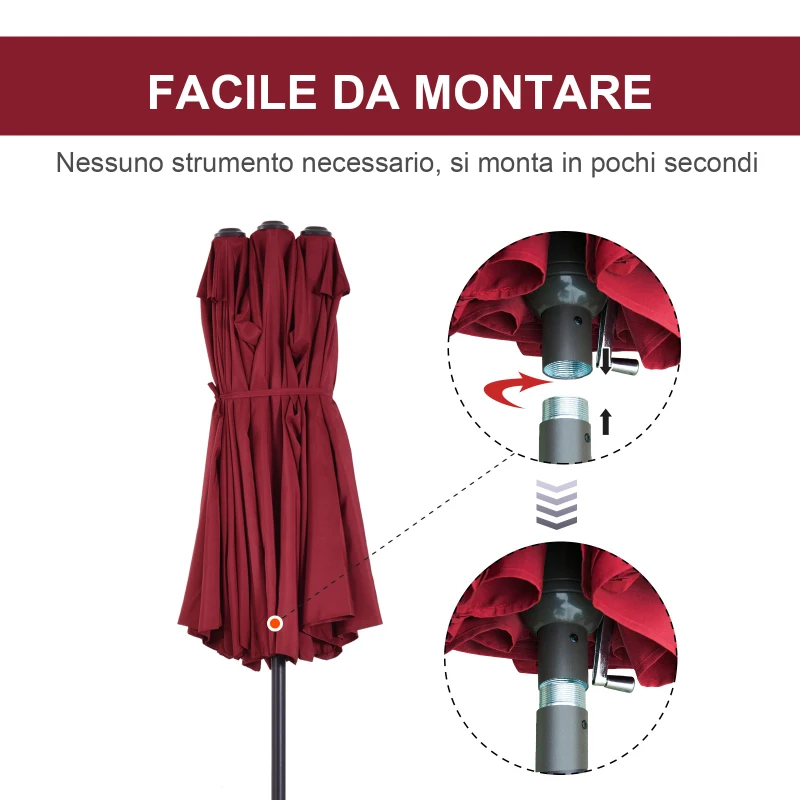 Outsunny Ombrellone da Giardino Doppio con Apertura a Manovella, in Acciaio e Poliestere, 455x265x238cm, Rosso