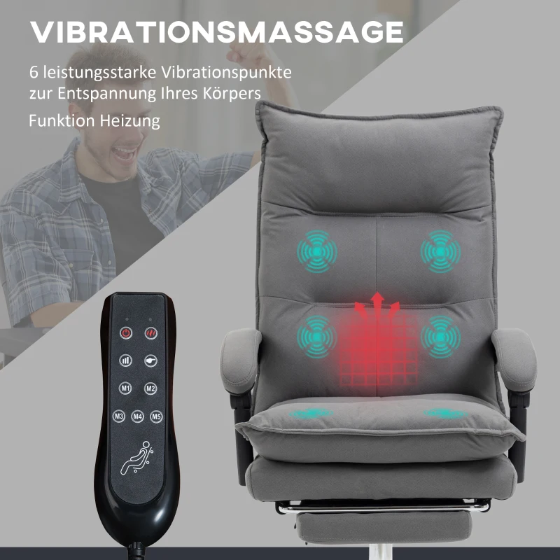 Vinsetto Bureaustoel met massagefunctie, verwarmingsfunctie, afstandsbediening, uitschuifbare voetensteun, kantelbaar, grijs(m-4)