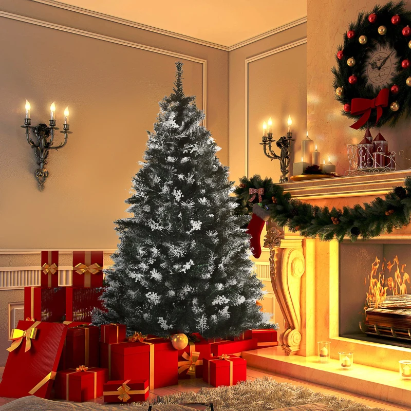 HOMCOM Albero di Natale Innevato 150cm con Bacche Decorative Bianche, Base Rimovibile Pieghevole, 378 Rami, Verde