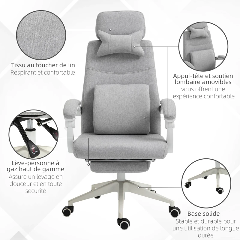 Vinsetto Fauteuil de bureau chaise de bureau grand confort dossier réglable repose-pied roulettes 360° lin 62 x 68 x 127 cm gris